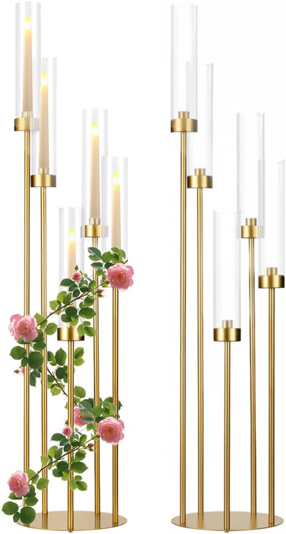 4Sets Floor Candelabra Tall 7 Arm Centerpieces for Wedding, 48" Tall Metal Candlestick Holders with Acrylic Lampshade for Home Party Decor Fit LED Taper Candles candelabros para centros de mesa