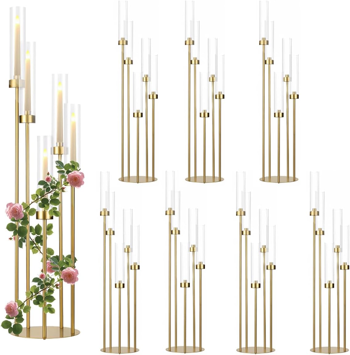 4Sets Floor Candelabra Tall 7 Arm Centerpieces for Wedding, 48" Tall Metal Candlestick Holders with Acrylic Lampshade for Home Party Decor Fit LED Taper Candles candelabros para centros de mesa