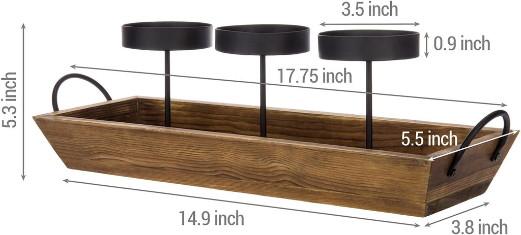 MyGift 3-Pillar Black Metal Candle Holder with Rustic Wood Tray and Handles, Tabletop/Mantel Centerpiece