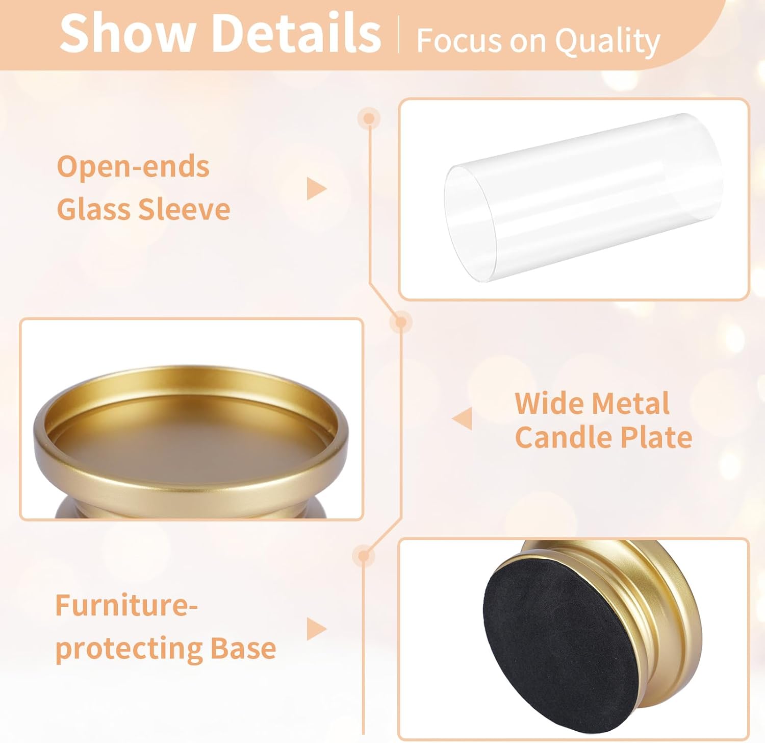 NUPTIO Hurricane Candle Holder Gold: Set of 2 Pillar Candle Holders with Clear Glass Sleeve - Decorative Brass Metal Pillars Stands for Christmas New Year Valentine's Day Fireplace Table Centerpiece