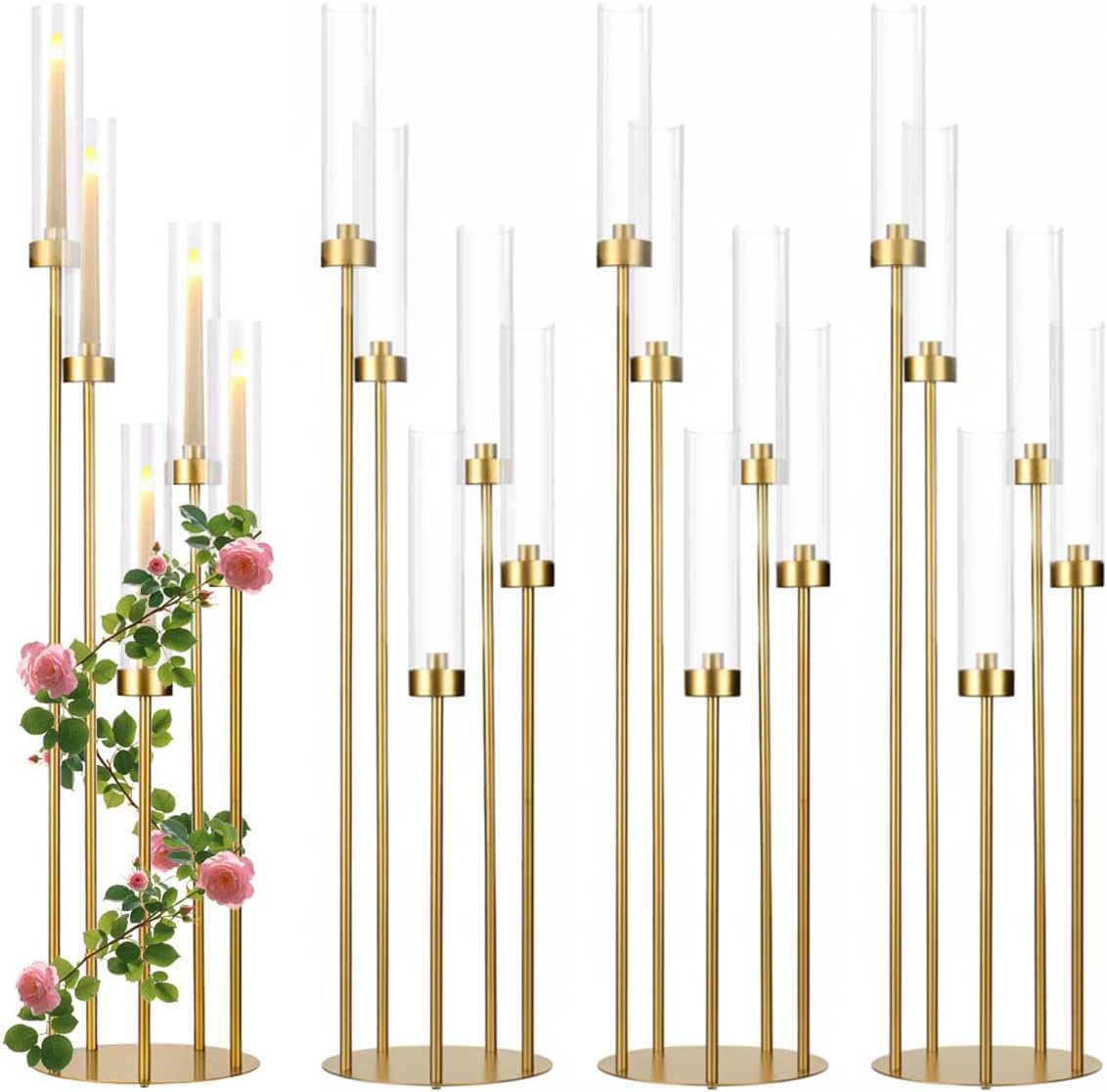 4Sets Floor Candelabra Tall 7 Arm Centerpieces for Wedding, 48" Tall Metal Candlestick Holders with Acrylic Lampshade for Home Party Decor Fit LED Taper Candles candelabros para centros de mesa