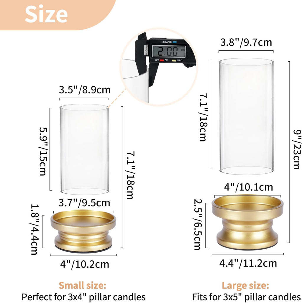 NUPTIO Hurricane Candle Holder Gold: Set of 2 Pillar Candle Holders with Clear Glass Sleeve - Decorative Brass Metal Pillars Stands for Christmas New Year Valentine's Day Fireplace Table Centerpiece