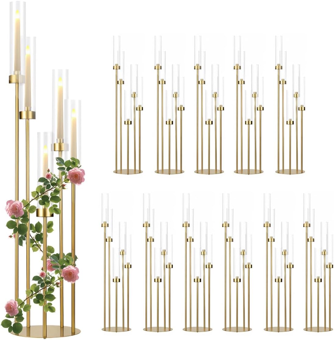 4Sets Floor Candelabra Tall 7 Arm Centerpieces for Wedding, 48" Tall Metal Candlestick Holders with Acrylic Lampshade for Home Party Decor Fit LED Taper Candles candelabros para centros de mesa
