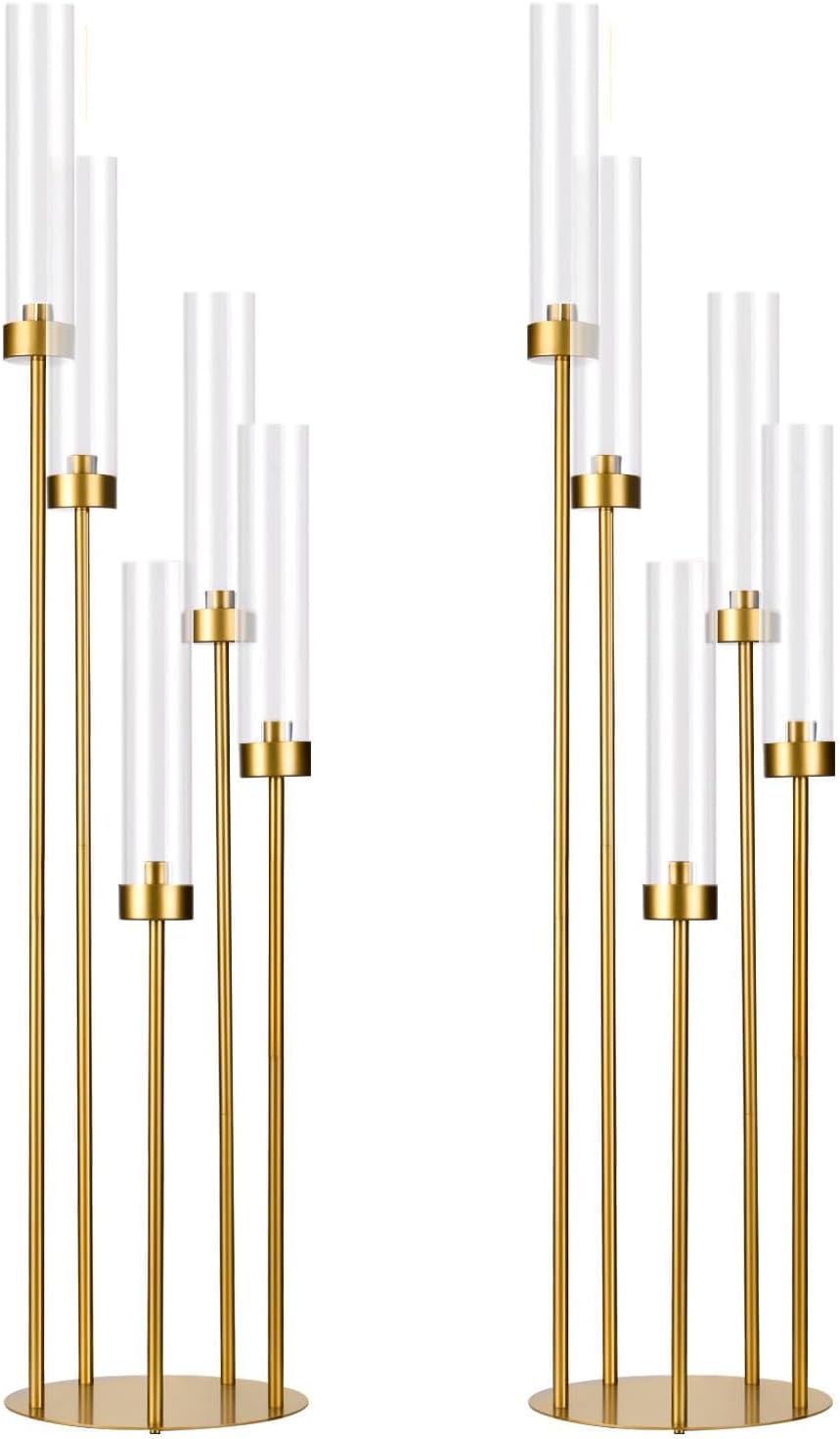 5 Arm Candelabra with Acrylic Lampshade Set of 4 Gold Candelabra for Wedding Table Birthday Party Home Decoration 39.4'' Candle Holder Fit LED Taper Candles