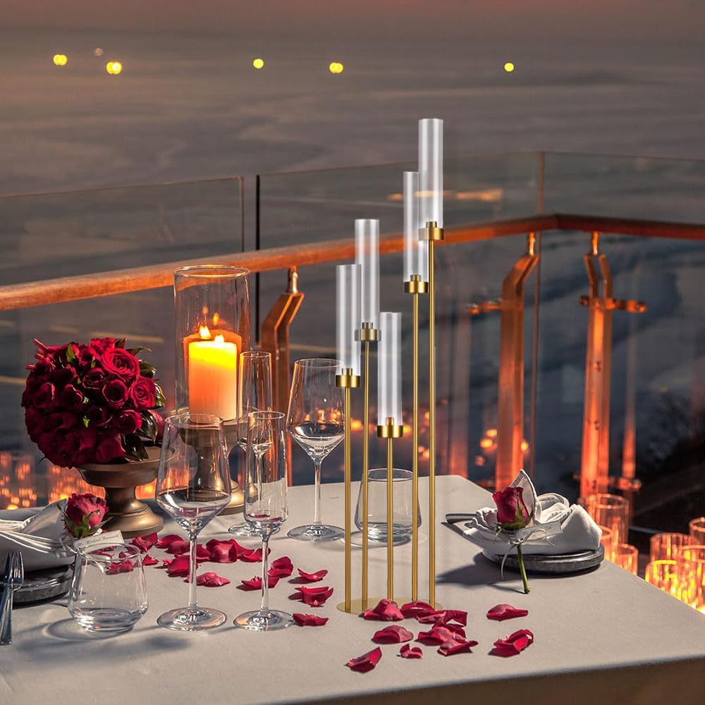 5 Arm Candelabra with Acrylic Lampshade Set of 4 Gold Candelabra for Wedding Table Birthday Party Home Decoration 39.4'' Candle Holder Fit LED Taper Candles