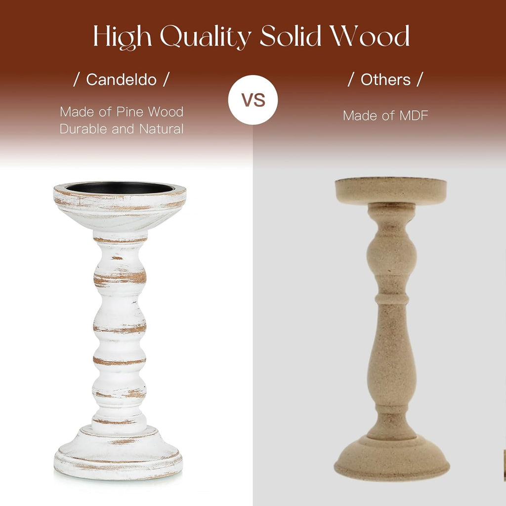 Wood Candle Holders for Pillar: Rustic Candles Holder Set of 3 Tall Table Centerpiece Decor Wooden White Farmhouse Decorations for Fireplace Mantle