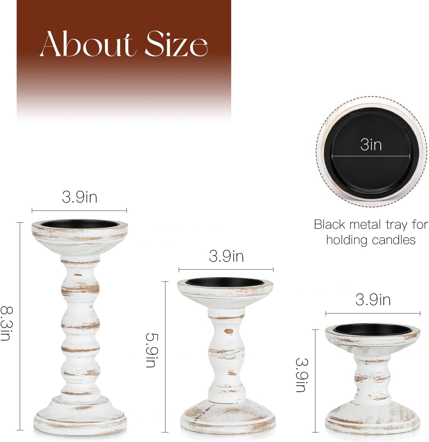 Wood Candle Holders for Pillar: Rustic Candles Holder Set of 3 Tall Table Centerpiece Decor Wooden White Farmhouse Decorations for Fireplace Mantle