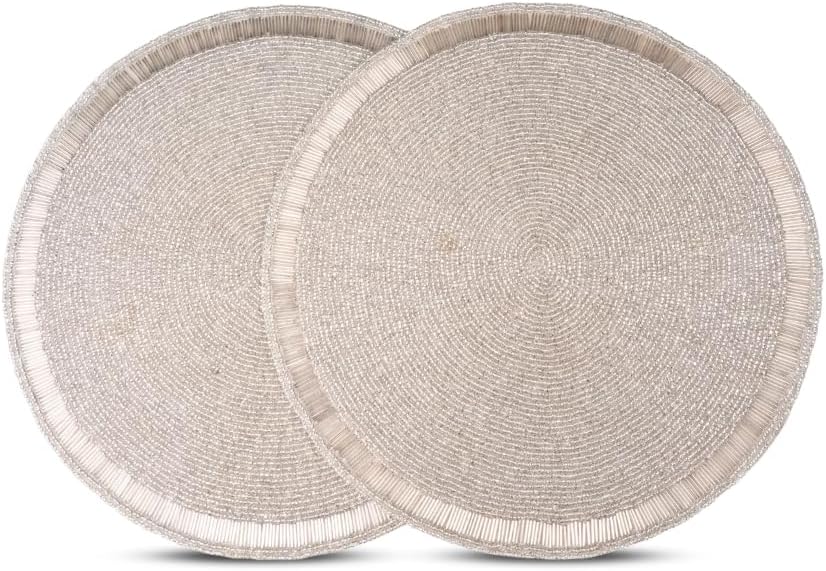 Handmade Beaded Placemat Charger, 13 Inch Round, Set of 2, Beautiful Decorative Dining Table Placemat for Your Dinner Table Décor, Easter, Wedding, Thanksgiving & Everyday Use - Green Orange Multi