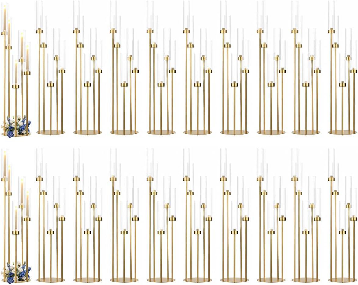4Sets Floor Candelabra Tall 7 Arm Centerpieces for Wedding, 48" Tall Metal Candlestick Holders with Acrylic Lampshade for Home Party Decor Fit LED Taper Candles candelabros para centros de mesa