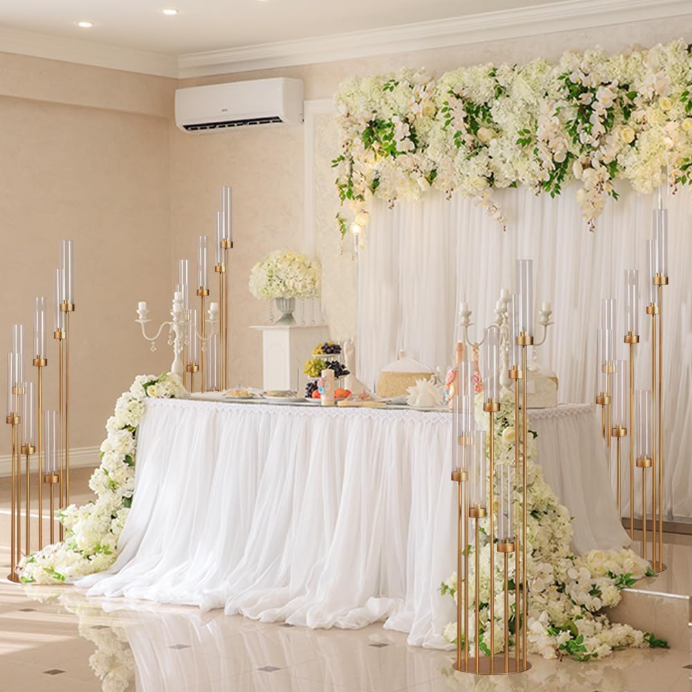 4Sets Floor Candelabra Tall 7 Arm Centerpieces for Wedding, 48" Tall Metal Candlestick Holders with Acrylic Lampshade for Home Party Decor Fit LED Taper Candles candelabros para centros de mesa
