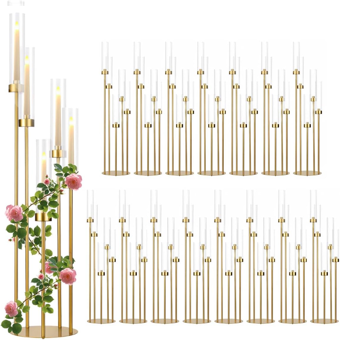 4Sets Floor Candelabra Tall 7 Arm Centerpieces for Wedding, 48" Tall Metal Candlestick Holders with Acrylic Lampshade for Home Party Decor Fit LED Taper Candles candelabros para centros de mesa