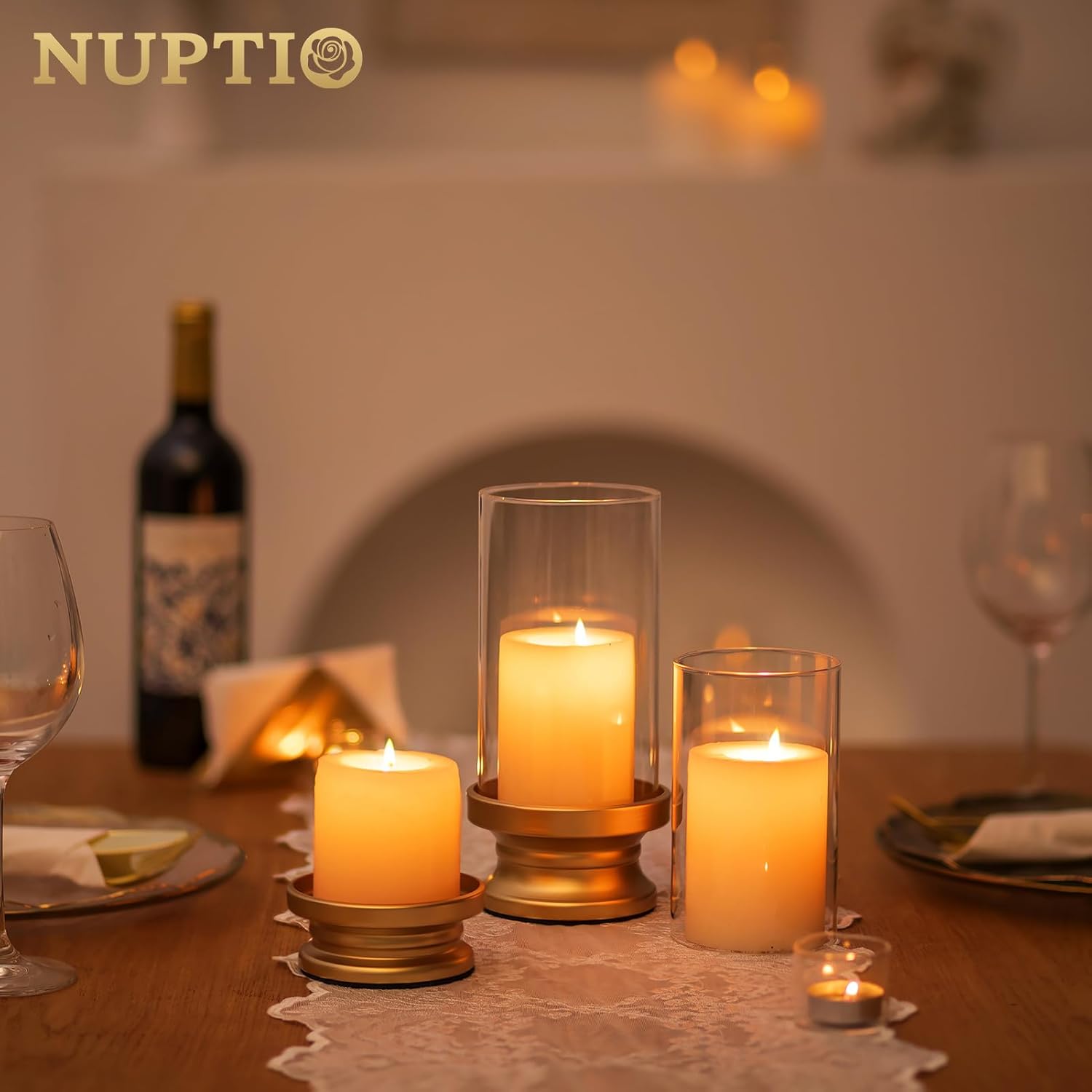 NUPTIO Hurricane Candle Holder Gold: Set of 2 Pillar Candle Holders with Clear Glass Sleeve - Decorative Brass Metal Pillars Stands for Christmas New Year Valentine's Day Fireplace Table Centerpiece