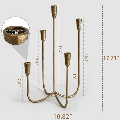 5-Candle Cast Iron Metal Candelabra Candlestick Holders 15 inch Tall Candle Holder Wedding Event Candelabra Candle Stand Brass Gold