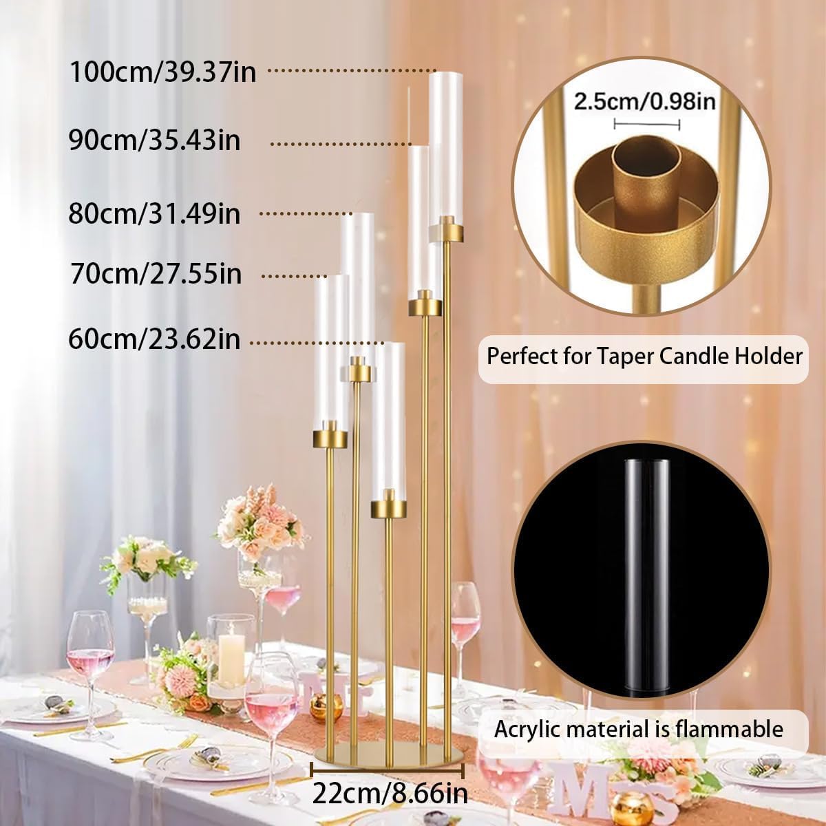 5 Arm Candelabra with Acrylic Lampshade Set of 4 Gold Candelabra for Wedding Table Birthday Party Home Decoration 39.4'' Candle Holder Fit LED Taper Candles