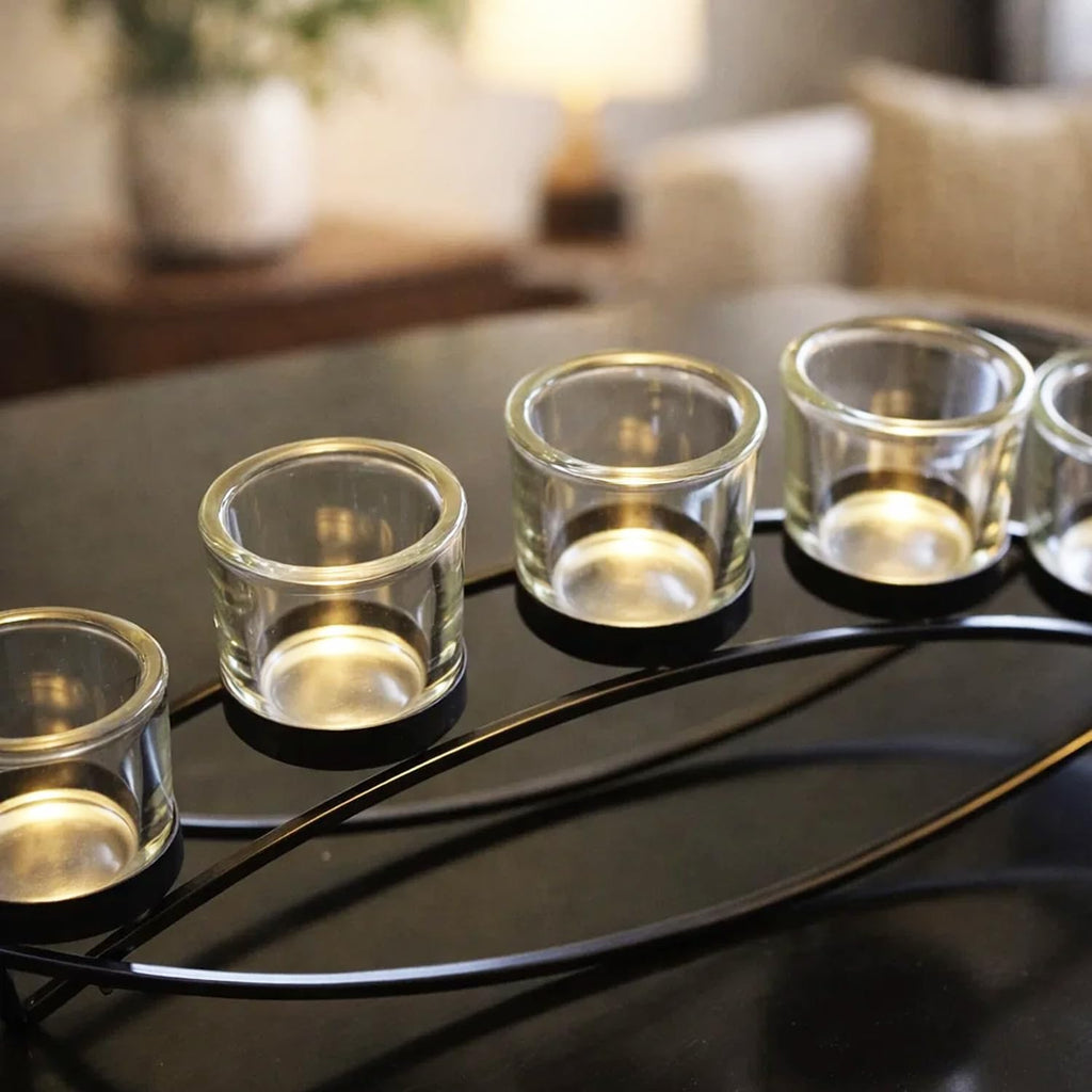 Seraphic Iron Arch Table Centerpiece Decorations Tealight Votive Candle Holder for Weddings, Patio, Kitchen, Dining Room, and Coffee Tables, Black, Clear Chunky 5 Cups