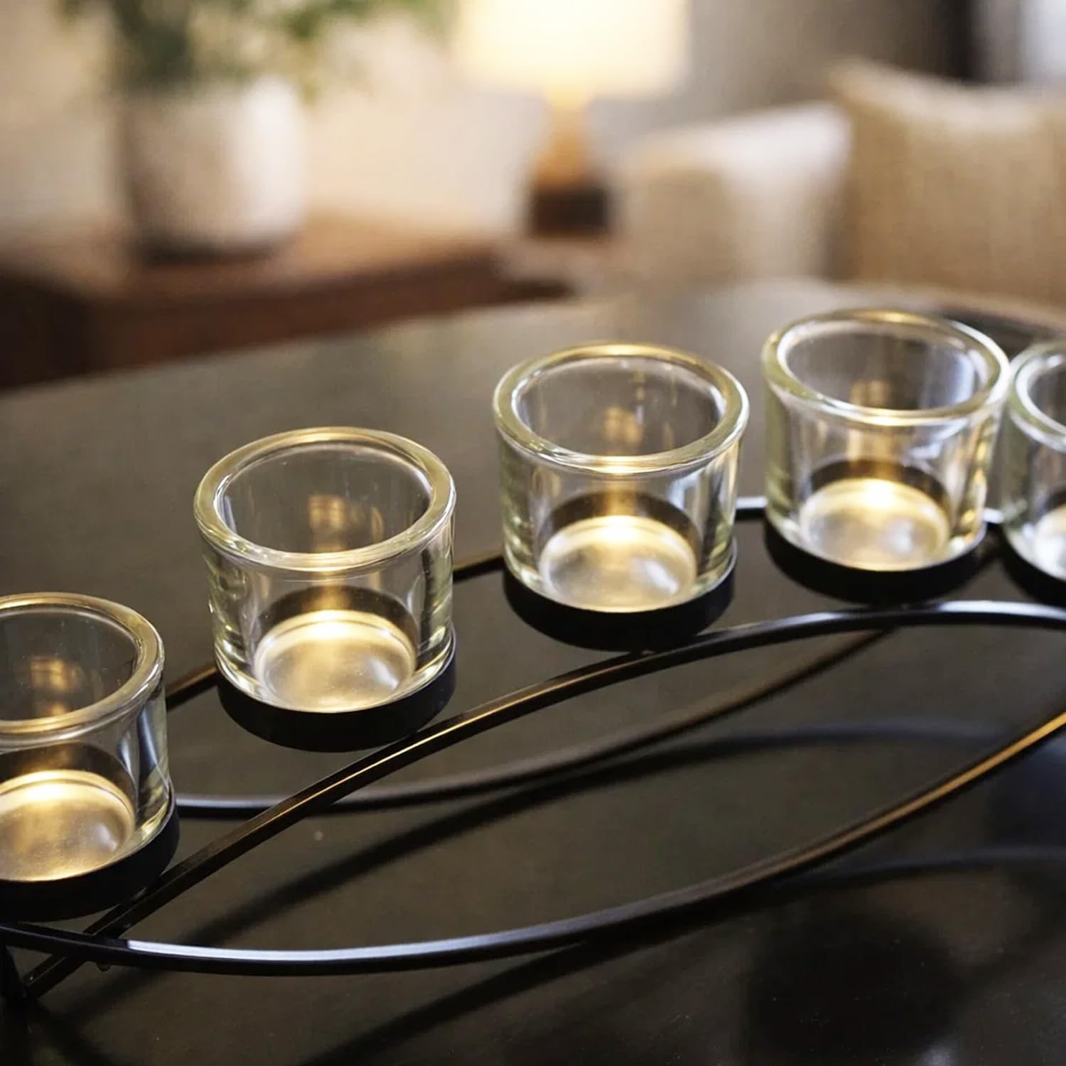 Seraphic Iron Arch Table Centerpiece Decorations Tealight Votive Candle Holder for Weddings, Patio, Kitchen, Dining Room, and Coffee Tables, Black, Clear Chunky 5 Cups