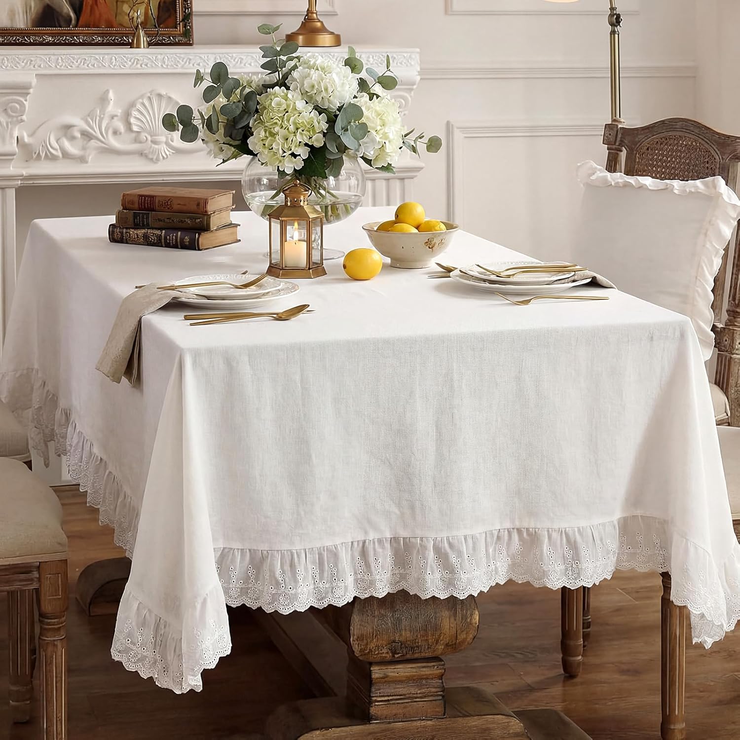 LemonRoad 60" x 120" Vintage White Ruffle Tablecloth Retro Farmhouse Ruffled Mesh Cotton Tablecloth Rustic Embroidered Washable Table Cover for Rectangle Table Kitchen Holiday Party Wedding Decor
