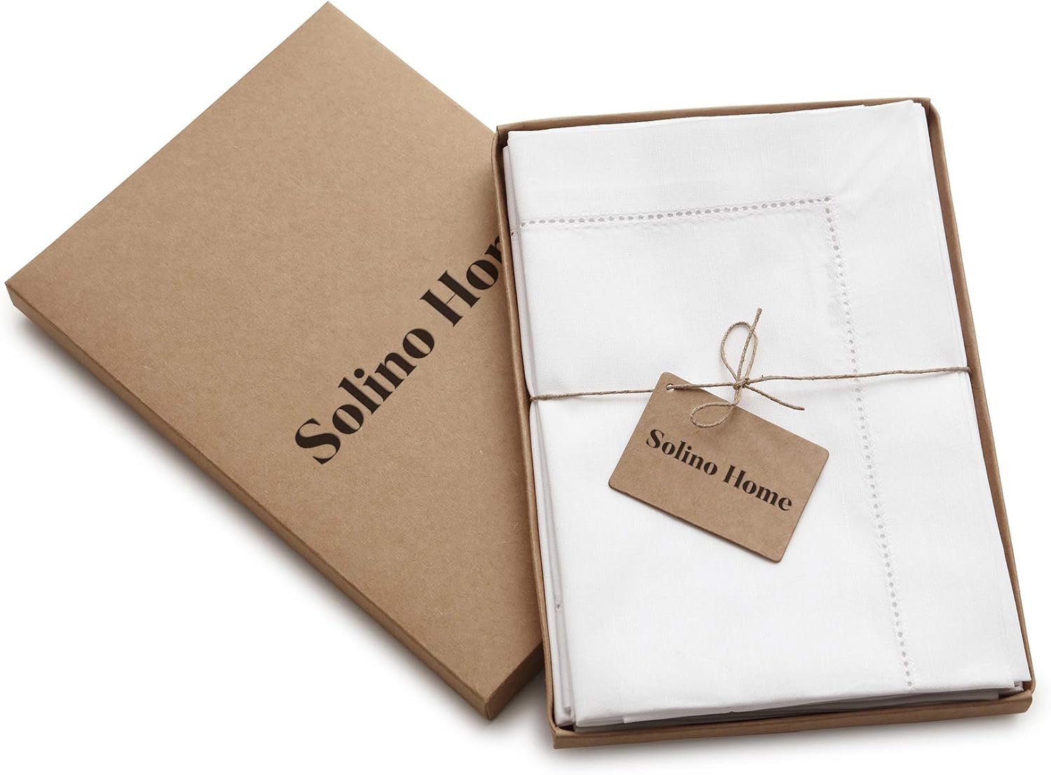 Solino Home White Napkins Set of 4 - Cotton Linen Hemstitch Dinner Napkins Cloth 20 x 20 Inch for Winter, Valentines, Spring, Easter - Handcrafted and Machine Washable