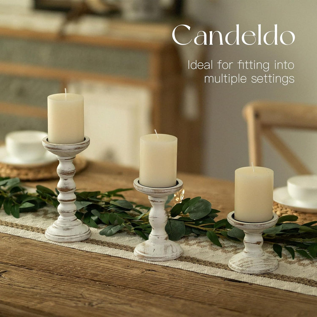 Wood Candle Holders for Pillar: Rustic Candles Holder Set of 3 Tall Table Centerpiece Decor Wooden White Farmhouse Decorations for Fireplace Mantle