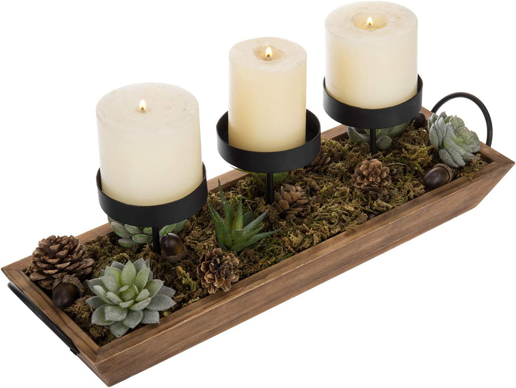 MyGift 3-Pillar Black Metal Candle Holder with Rustic Wood Tray and Handles, Tabletop/Mantel Centerpiece