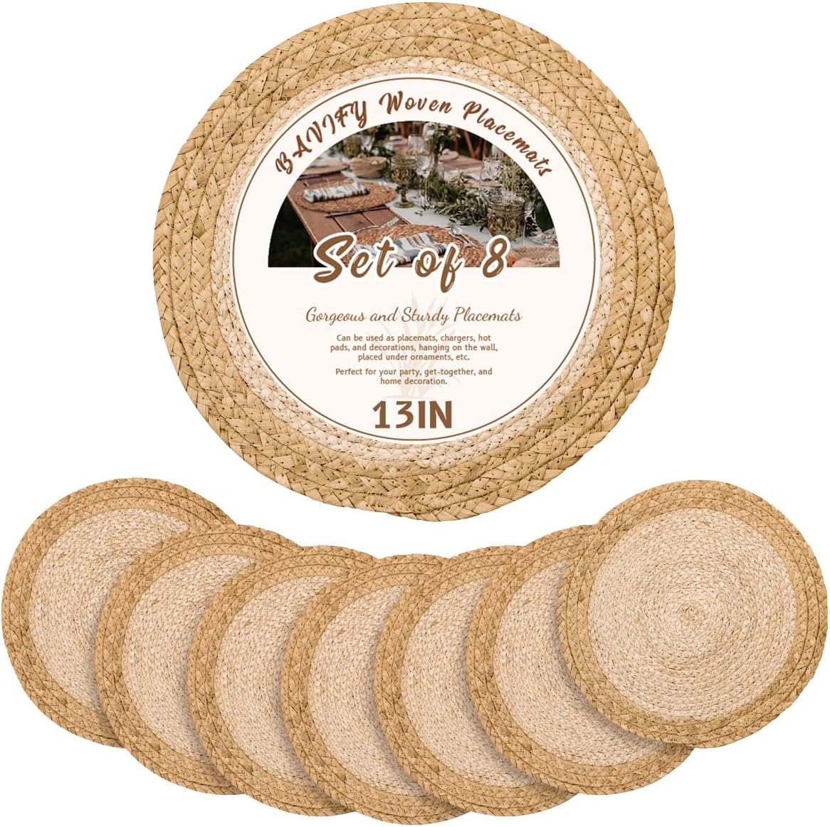 13 in Round Woven Placemats Plate Chargers Set of 10, Boho Farmhouse Rustic Woven Place Mats for Dining Table Decor, Rattan Wicker Table Mats Jute Braided Chargers for Dinner Plates