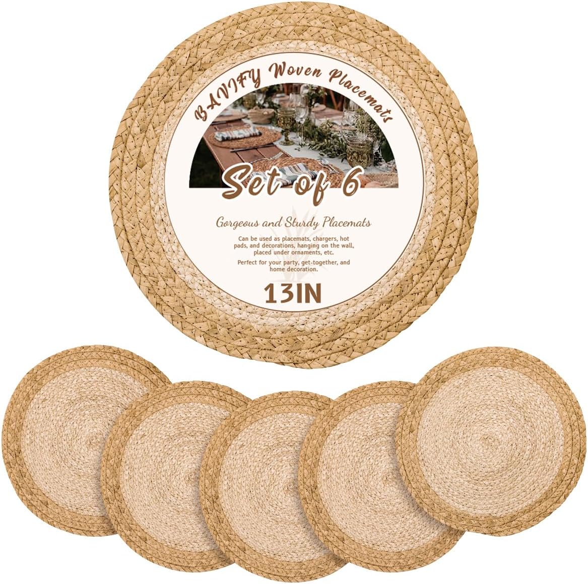 13 in Round Woven Placemats Plate Chargers Set of 10, Boho Farmhouse Rustic Woven Place Mats for Dining Table Decor, Rattan Wicker Table Mats Jute Braided Chargers for Dinner Plates