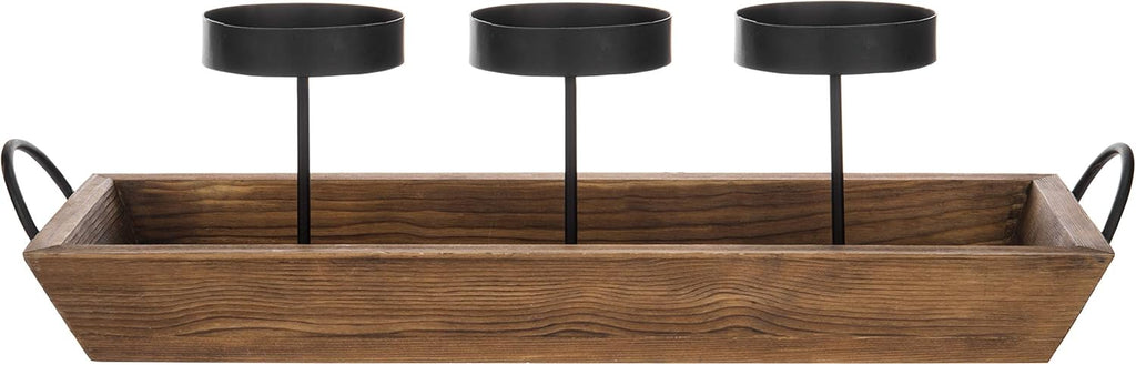 MyGift 3-Pillar Black Metal Candle Holder with Rustic Wood Tray and Handles, Tabletop/Mantel Centerpiece