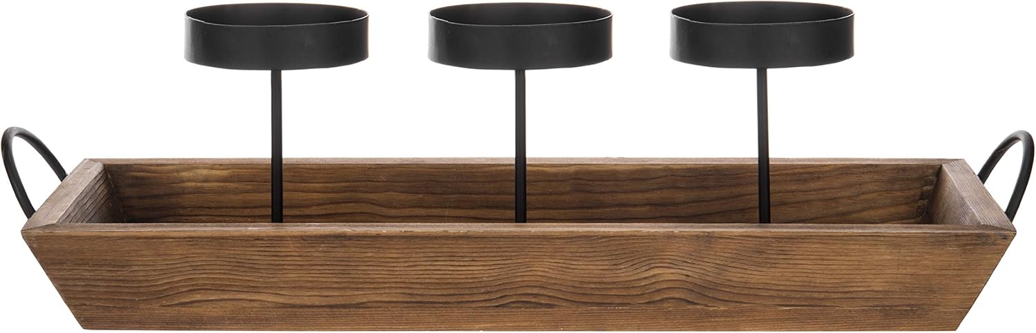 MyGift 3-Pillar Black Metal Candle Holder with Rustic Wood Tray and Handles, Tabletop/Mantel Centerpiece