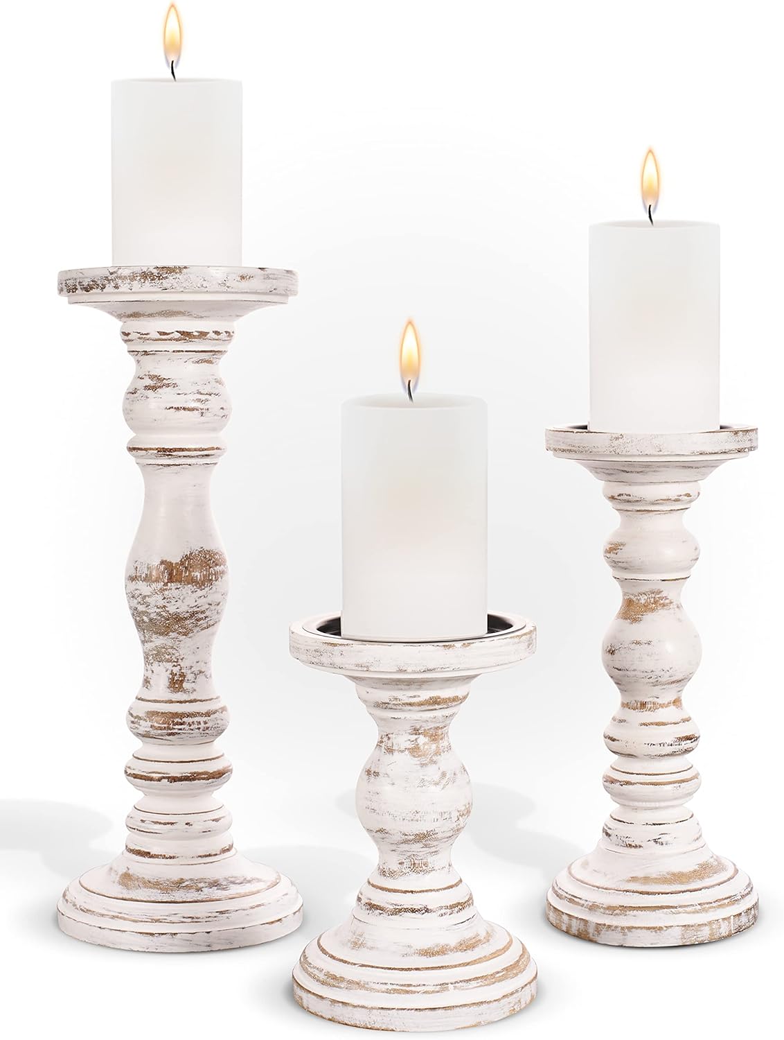 Large Candle Holders for Pillar Candles - Rustic Farmhouse Style Home Decor - Perfect for Table Centerpieces, Coffee Table or Fireplace Mantel - 3 Piece Set - White