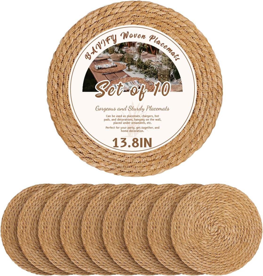 13 in Round Woven Placemats Plate Chargers Set of 10, Boho Farmhouse Rustic Woven Place Mats for Dining Table Decor, Rattan Wicker Table Mats Jute Braided Chargers for Dinner Plates