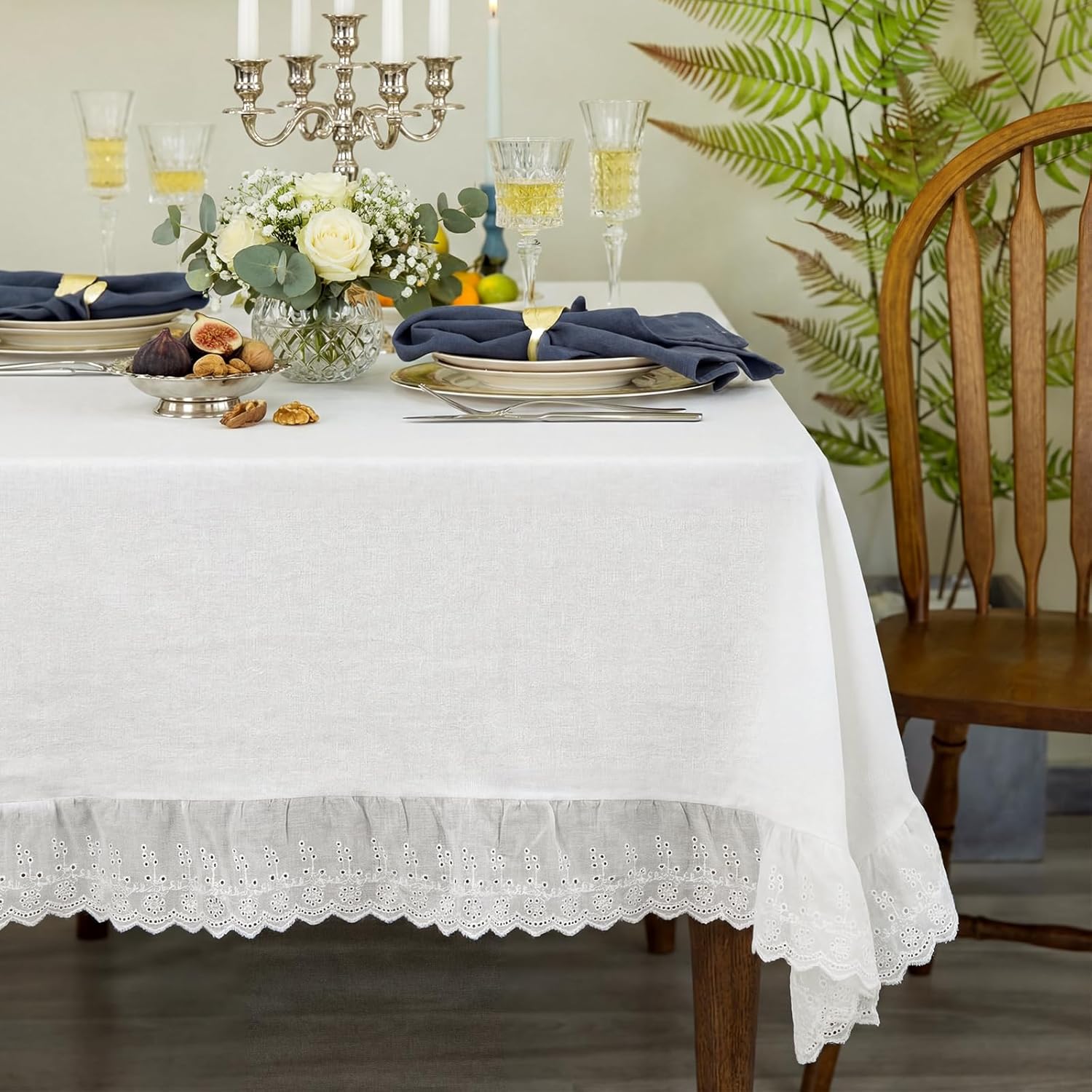 LemonRoad 60" x 120" Vintage White Ruffle Tablecloth Retro Farmhouse Ruffled Mesh Cotton Tablecloth Rustic Embroidered Washable Table Cover for Rectangle Table Kitchen Holiday Party Wedding Decor