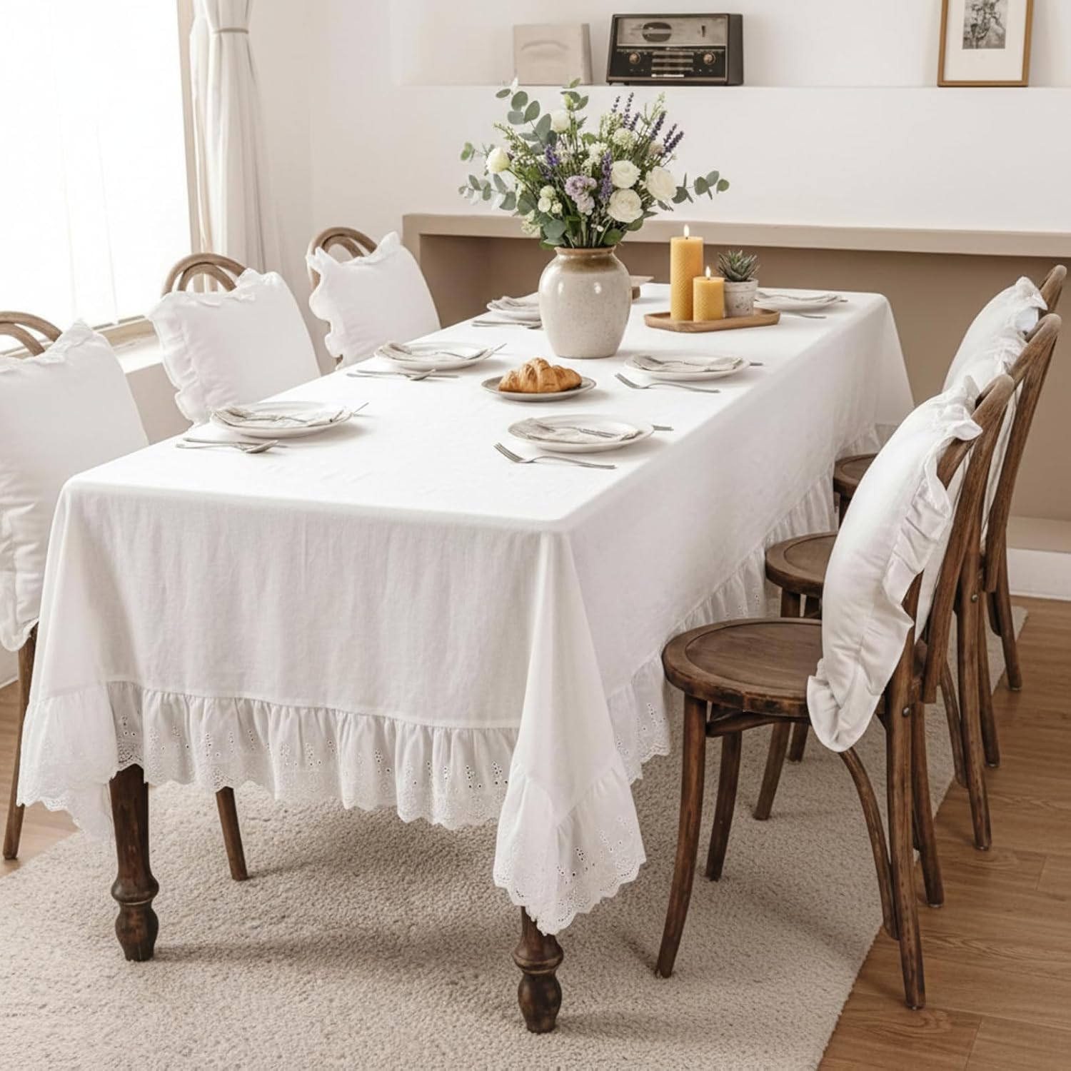 LemonRoad 60" x 120" Vintage White Ruffle Tablecloth Retro Farmhouse Ruffled Mesh Cotton Tablecloth Rustic Embroidered Washable Table Cover for Rectangle Table Kitchen Holiday Party Wedding Decor