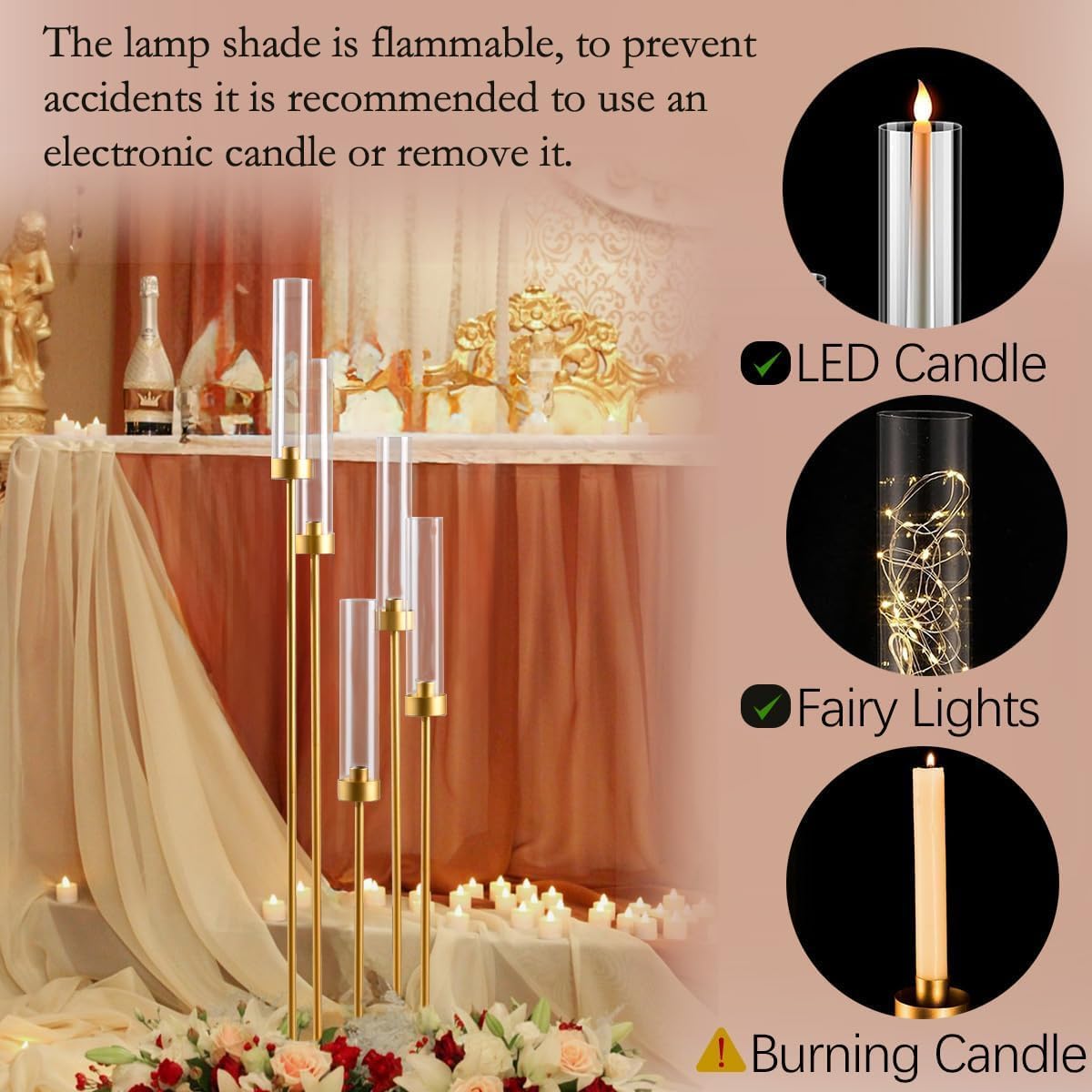 5 Arm Candelabra with Acrylic Lampshade Set of 4 Gold Candelabra for Wedding Table Birthday Party Home Decoration 39.4'' Candle Holder Fit LED Taper Candles