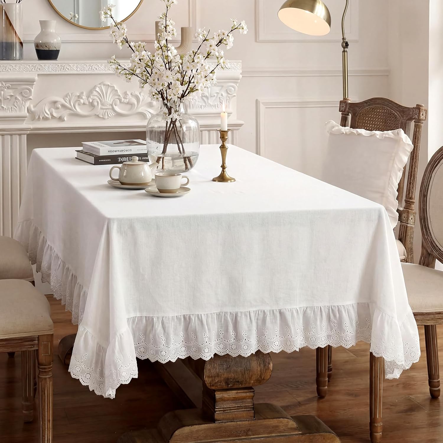 LemonRoad 60" x 120" Vintage White Ruffle Tablecloth Retro Farmhouse Ruffled Mesh Cotton Tablecloth Rustic Embroidered Washable Table Cover for Rectangle Table Kitchen Holiday Party Wedding Decor