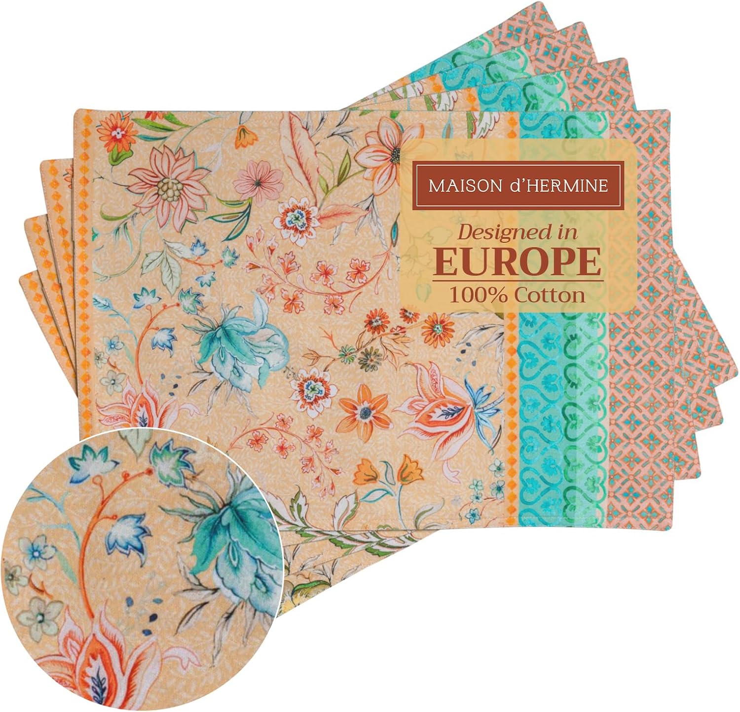 Maison d' Hermine Placemats Set of 4 100% Cotton Washable Cloth Place Mats Reusable Table Mats for Kitchen Dining Party Wedding Valentines Day Decorations Spring/Summer (Marquise, 13" x 19")