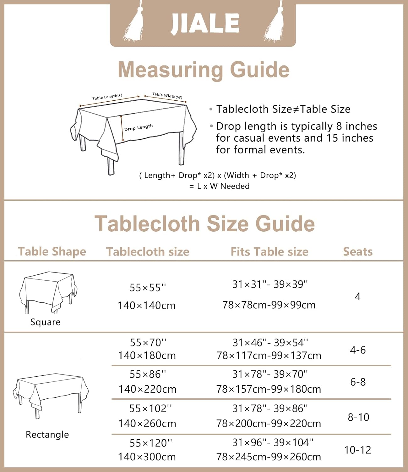 JIALE Tablecloths for Rectangle Tables, Cotton Linen Table Cloth Waterproof Tablecloth Wrinkle Free Farmhouse Dining Tables Cover, Soft Fabric Table Cloths with Tassels, Brown, 55" X 70", 4-6 Seats