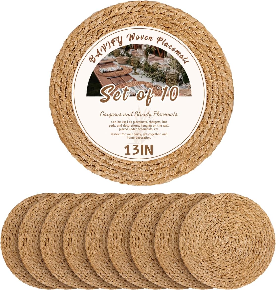 13 in Round Woven Placemats Plate Chargers Set of 10, Boho Farmhouse Rustic Woven Place Mats for Dining Table Decor, Rattan Wicker Table Mats Jute Braided Chargers for Dinner Plates