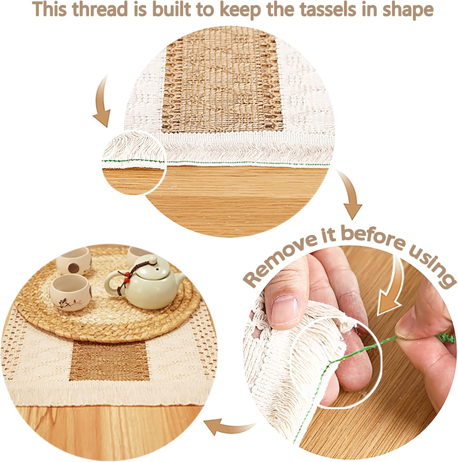 Handmade Boho Placemats Set of 4 - Natural Cotton Burlap and Water Straw Woven Combination Table Mats, Macrame Décor and Farmhouse Style Placemats, for Dining Table Kitchen