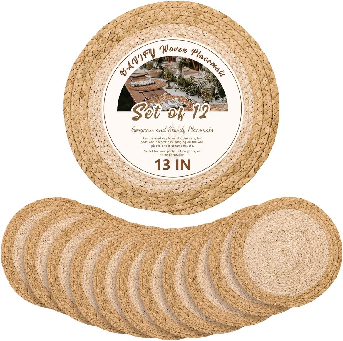 13 in Round Woven Placemats Plate Chargers Set of 10, Boho Farmhouse Rustic Woven Place Mats for Dining Table Decor, Rattan Wicker Table Mats Jute Braided Chargers for Dinner Plates