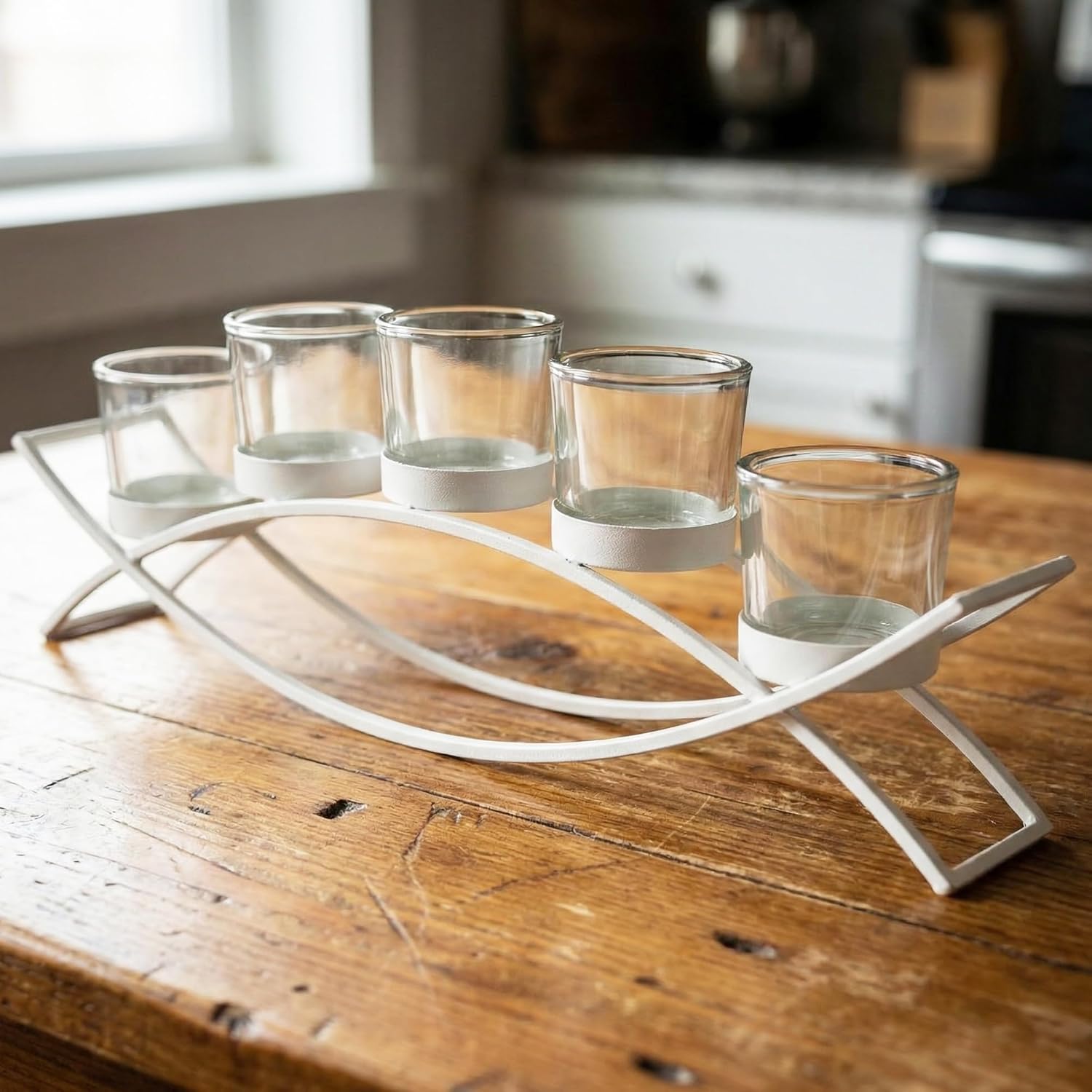 Seraphic Iron Arch Table Centerpiece Decorations Tealight Votive Candle Holder for Weddings, Patio, Kitchen, Dining Room, and Coffee Tables, Black, Clear Chunky 5 Cups