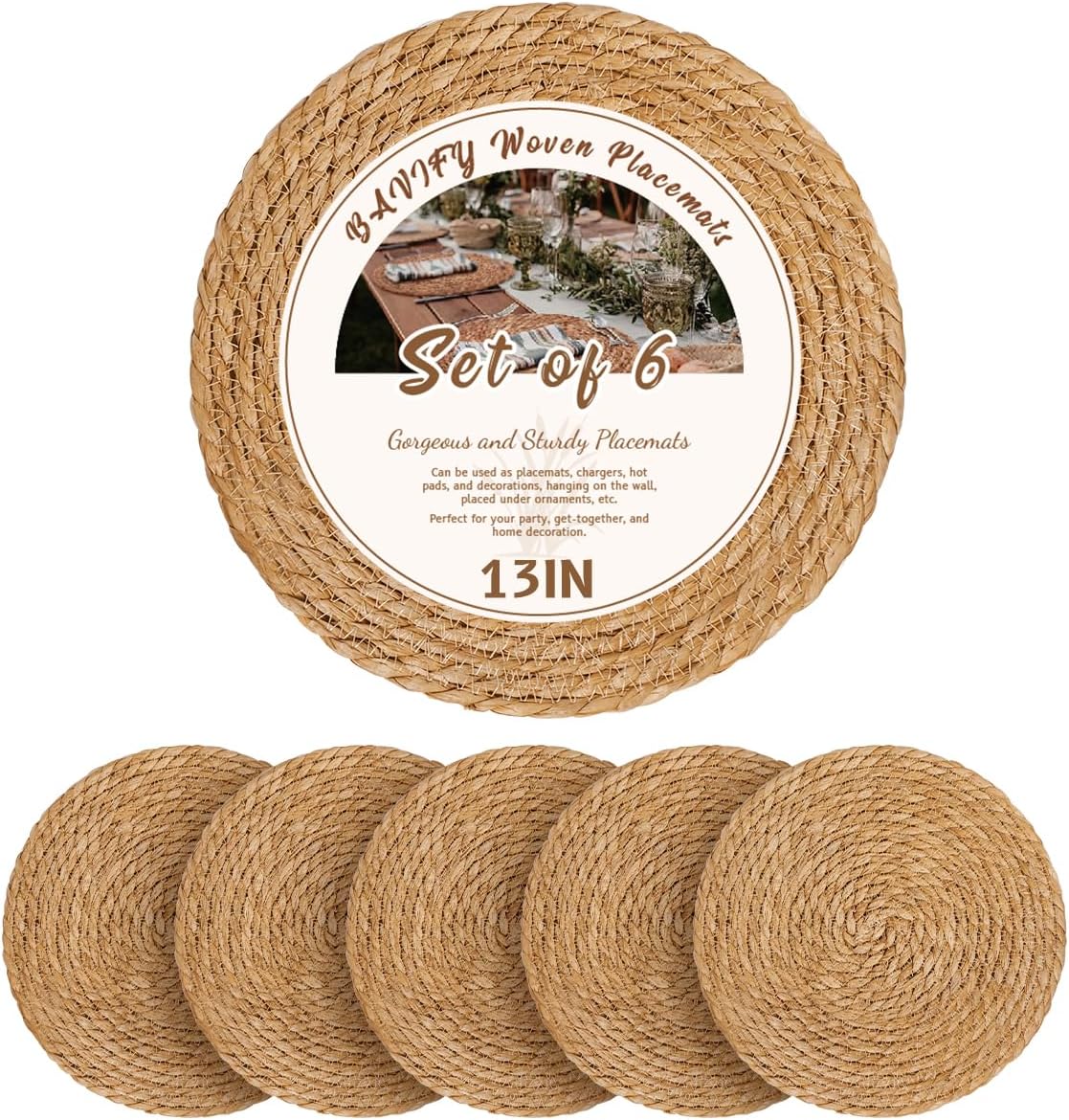 13 in Round Woven Placemats Plate Chargers Set of 10, Boho Farmhouse Rustic Woven Place Mats for Dining Table Decor, Rattan Wicker Table Mats Jute Braided Chargers for Dinner Plates