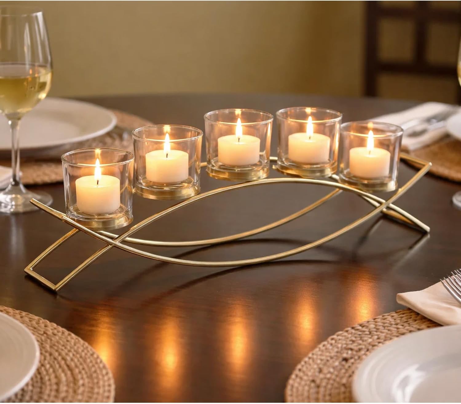 Seraphic Iron Arch Table Centerpiece Decorations Tealight Votive Candle Holder for Weddings, Patio, Kitchen, Dining Room, and Coffee Tables, Black, Clear Chunky 5 Cups