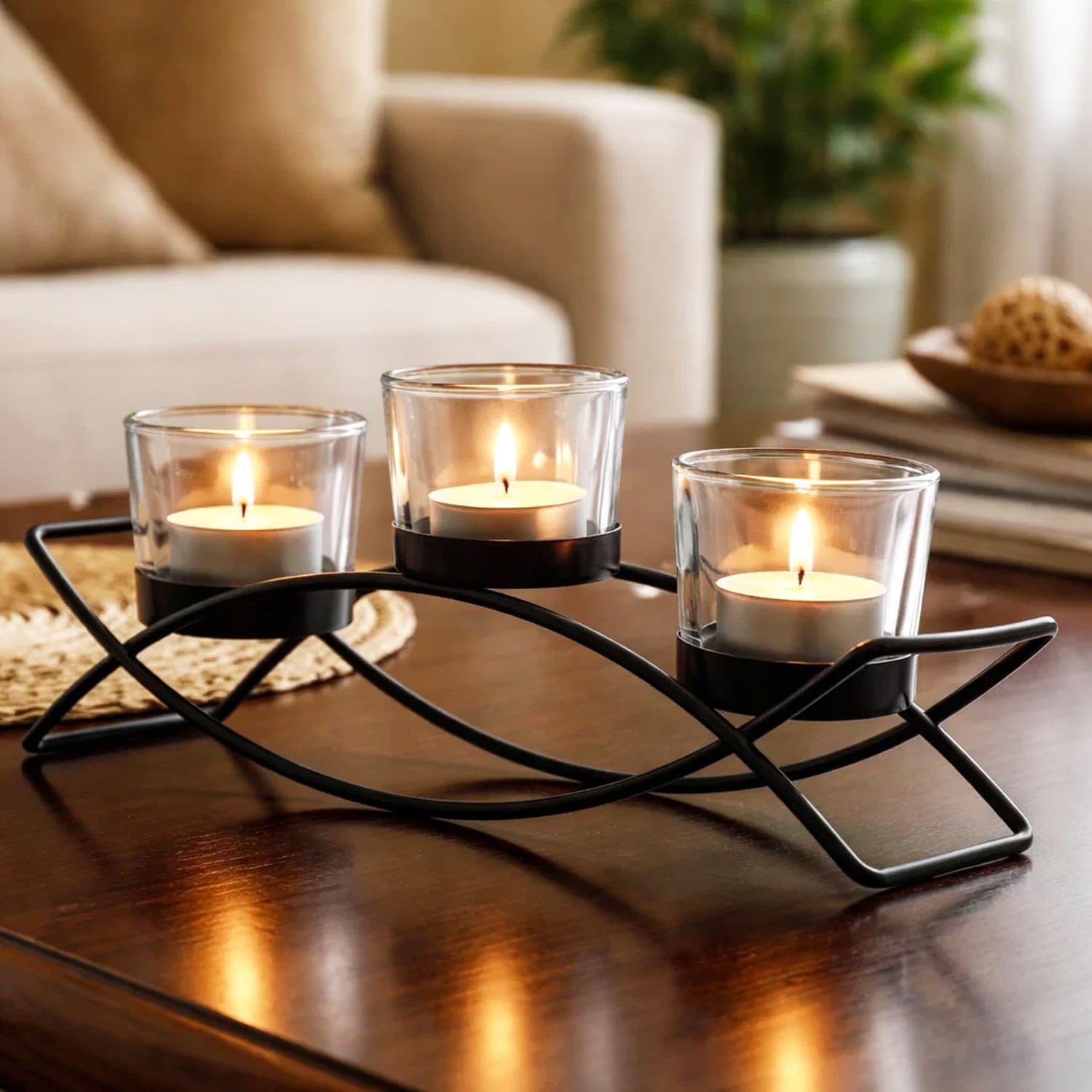 Seraphic Iron Arch Table Centerpiece Decorations Tealight Votive Candle Holder for Weddings, Patio, Kitchen, Dining Room, and Coffee Tables, Black, Clear Chunky 5 Cups