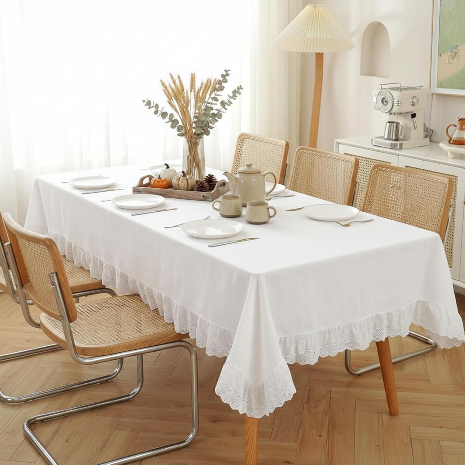 LemonRoad 60" x 120" Vintage White Ruffle Tablecloth Retro Farmhouse Ruffled Mesh Cotton Tablecloth Rustic Embroidered Washable Table Cover for Rectangle Table Kitchen Holiday Party Wedding Decor