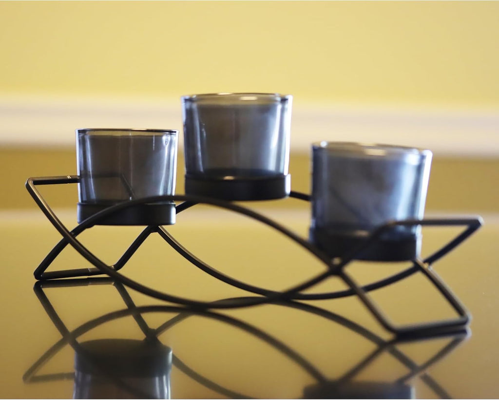 Seraphic Iron Arch Table Centerpiece Decorations Tealight Votive Candle Holder for Weddings, Patio, Kitchen, Dining Room, and Coffee Tables, Black, Clear Chunky 5 Cups