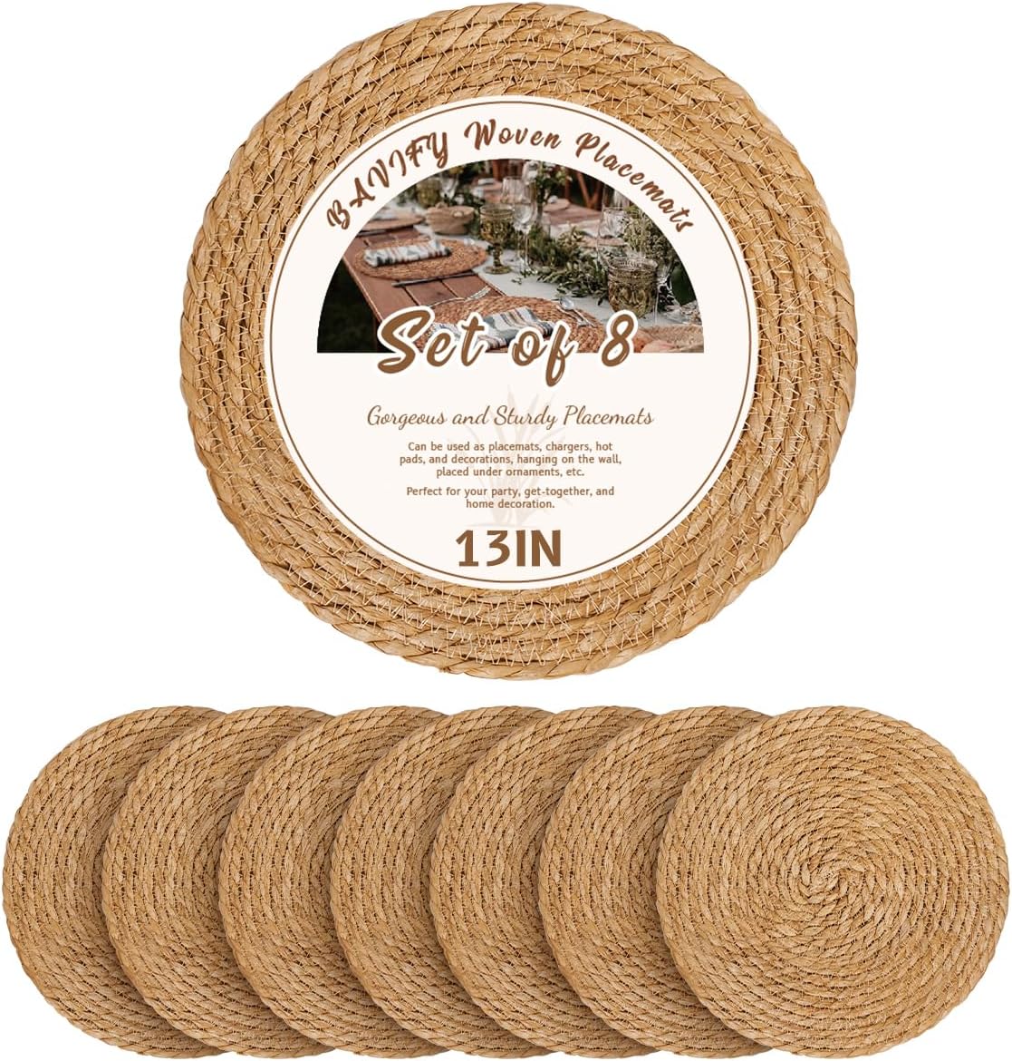 13 in Round Woven Placemats Plate Chargers Set of 10, Boho Farmhouse Rustic Woven Place Mats for Dining Table Decor, Rattan Wicker Table Mats Jute Braided Chargers for Dinner Plates