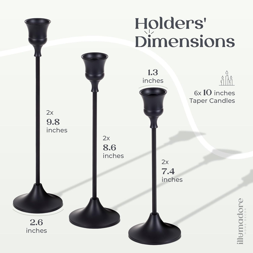 Black Candlestick Holders | Set of 6 | Metal with Matte Finish | 3 Different Sizes | Taper Candles Included | Decorative Centerpiece for Wedding, Christmas, Fireplace Mantel, Dining Table