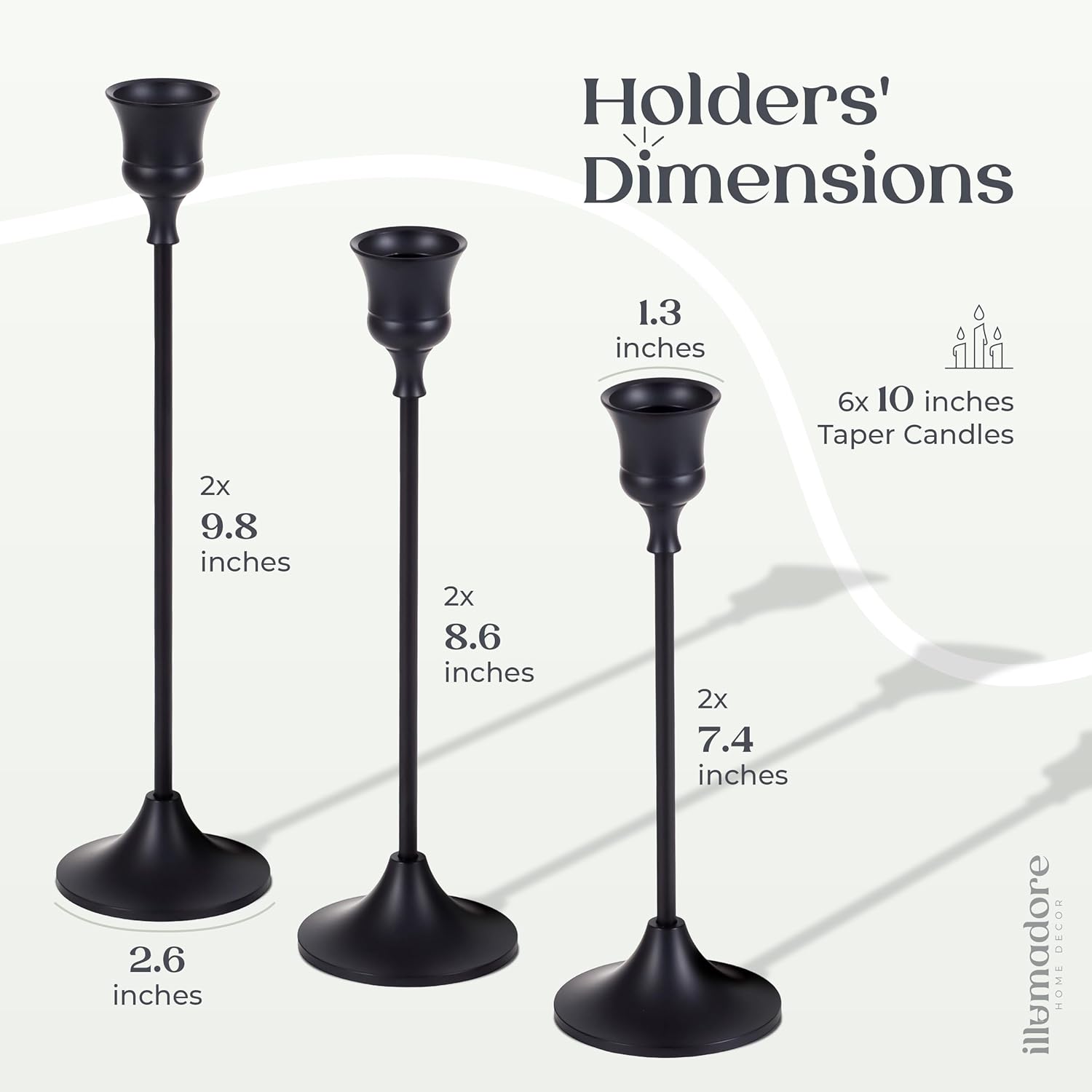 Black Candlestick Holders | Set of 6 | Metal with Matte Finish | 3 Different Sizes | Taper Candles Included | Decorative Centerpiece for Wedding, Christmas, Fireplace Mantel, Dining Table