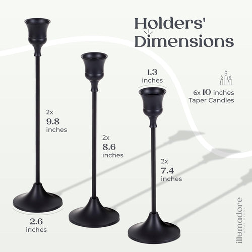 Black Candlestick Holders | Set of 6 | Metal with Matte Finish | 3 Different Sizes | Taper Candles Included | Decorative Centerpiece for Wedding, Christmas, Fireplace Mantel, Dining Table