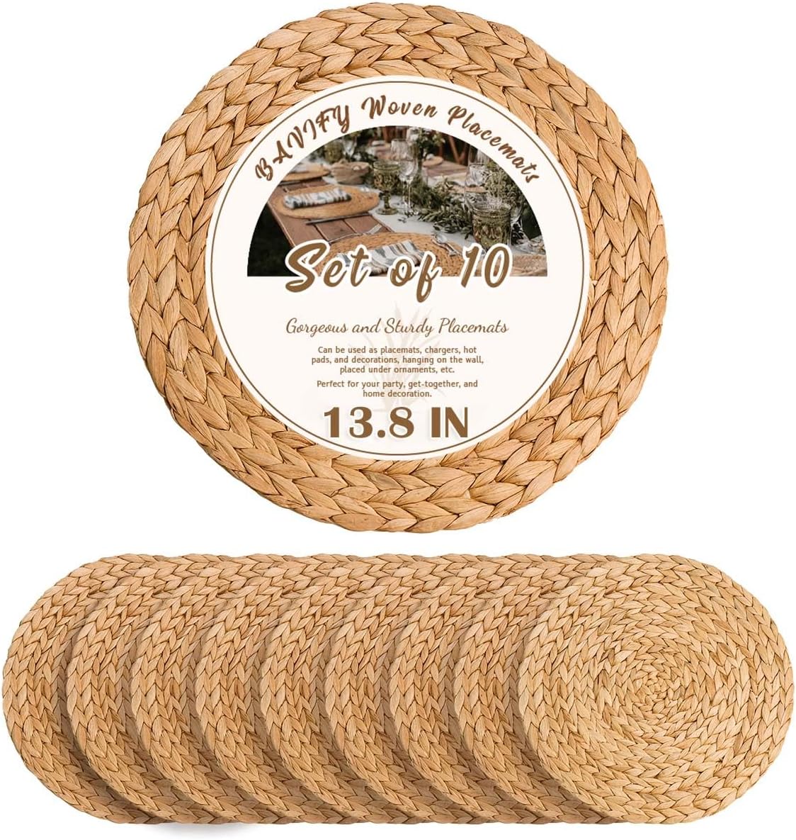 13 in Round Woven Placemats Plate Chargers Set of 10, Boho Farmhouse Rustic Woven Place Mats for Dining Table Decor, Rattan Wicker Table Mats Jute Braided Chargers for Dinner Plates